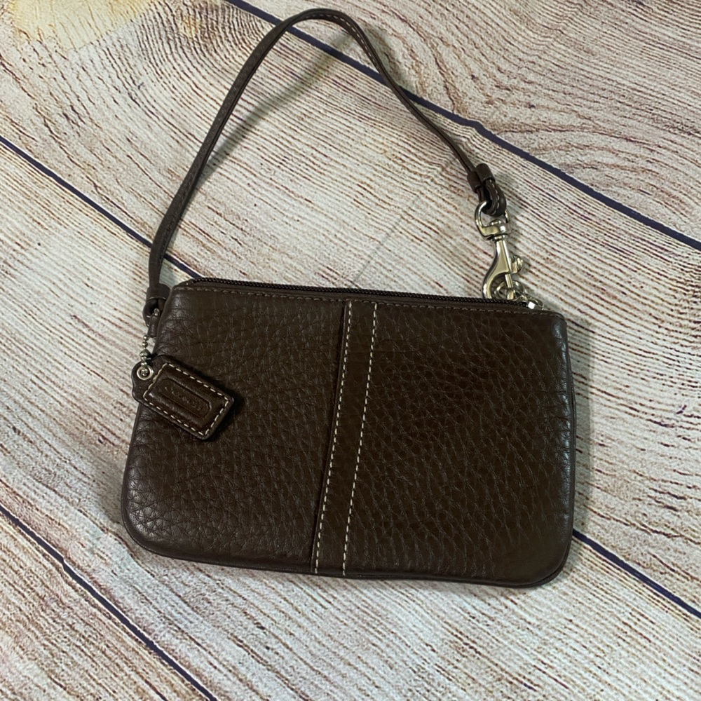 Coach Pebble Brown Wristlet with Purple Lining